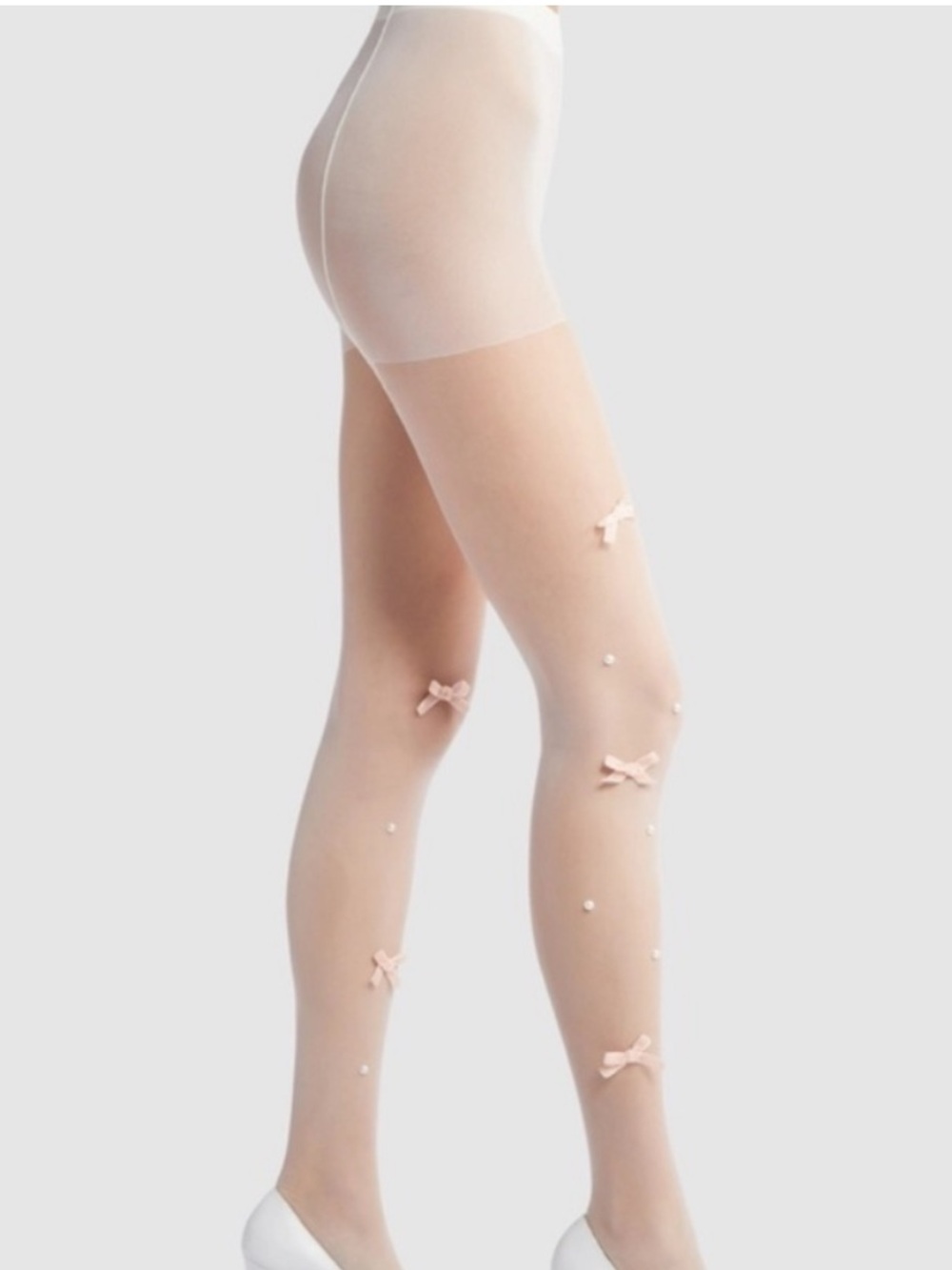 Free People Velvet Pink Bow & Pearl Sheer White Tights One Size NEW - Picture 4 of 8